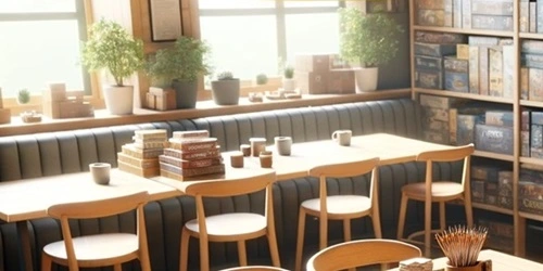 Boardwalk games cafe table by a window, stacks of boardgames can be seen on the table