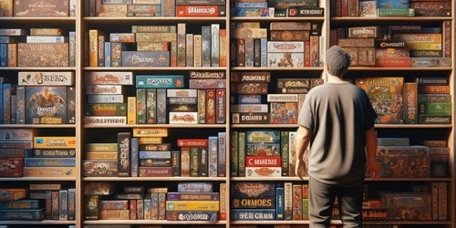 Board games stacked in bookshelves, a man can be seen browsing the shelves