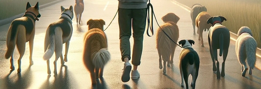 A man walking several dogs early in the morning