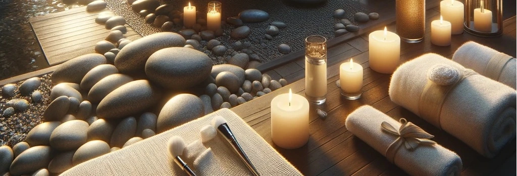 A spa with candles towels and natural material