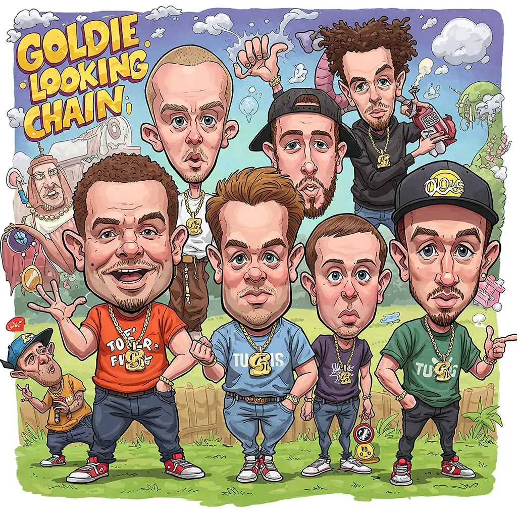 Cartoon depicting Goldie Looking Chain