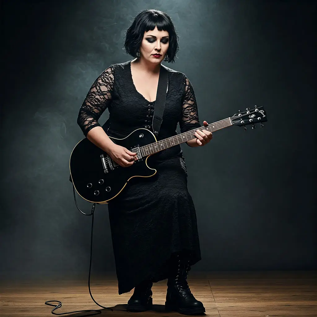 Actress Ruth Jones playing guitar