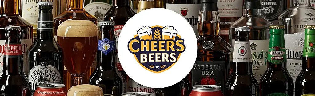 A selection of beer bottles along with a logo for Cheers Beers