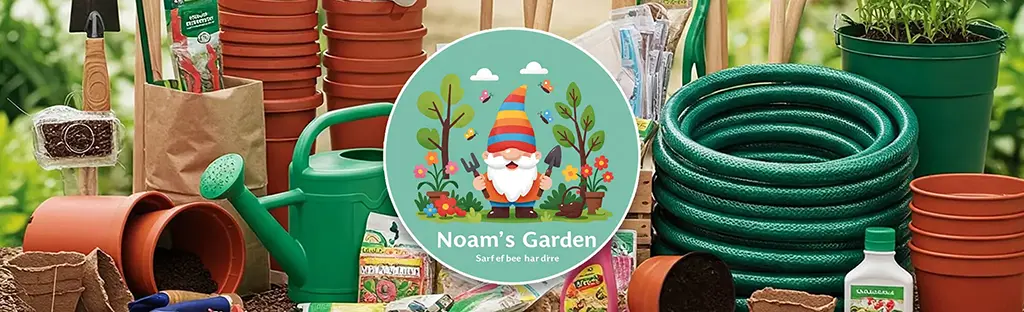 A selection of gardening tools along with a logo for Noam's Garden